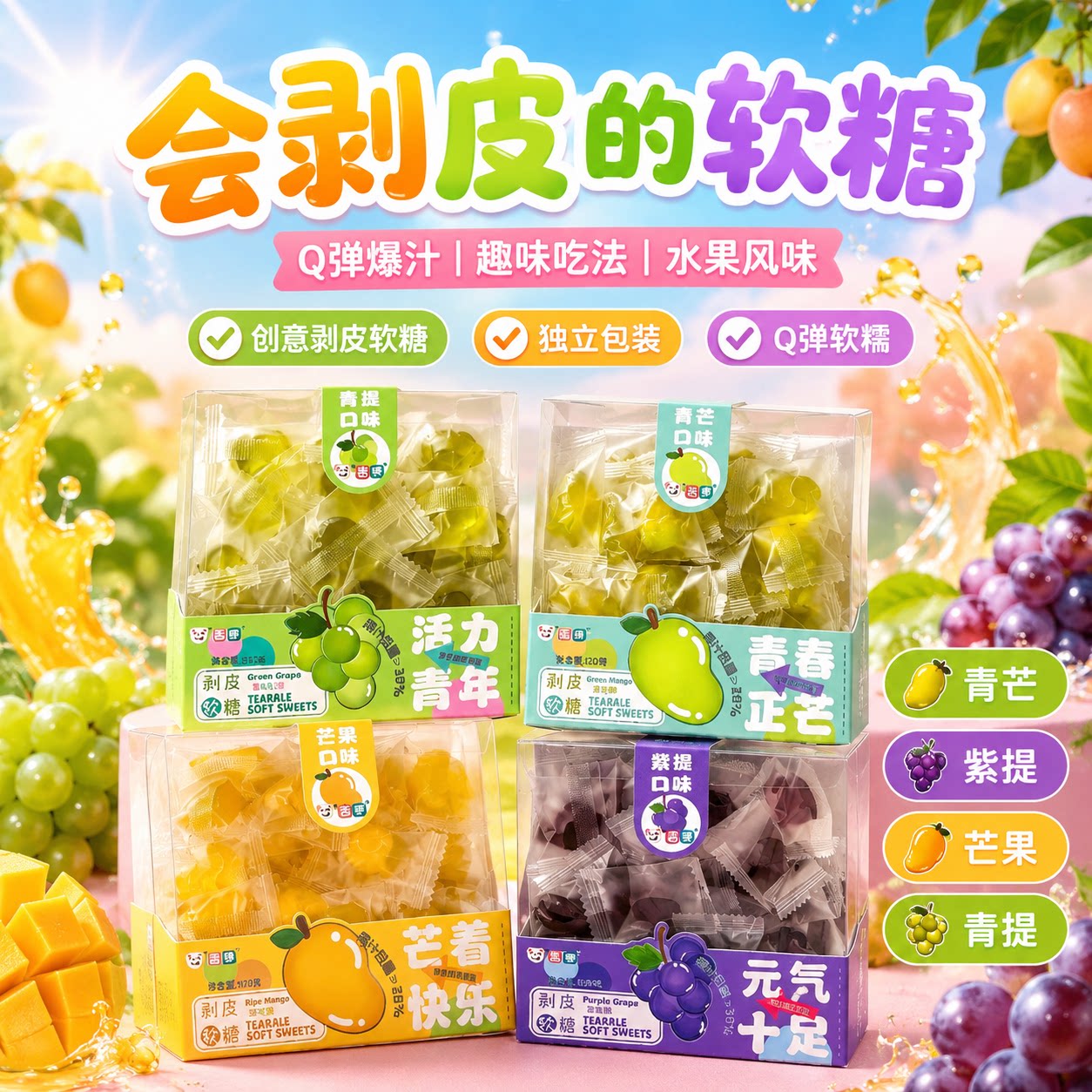 舌享网红可剥皮果汁软糖盒装芒果叶黄素酯夹心趣味儿童糖果小零食