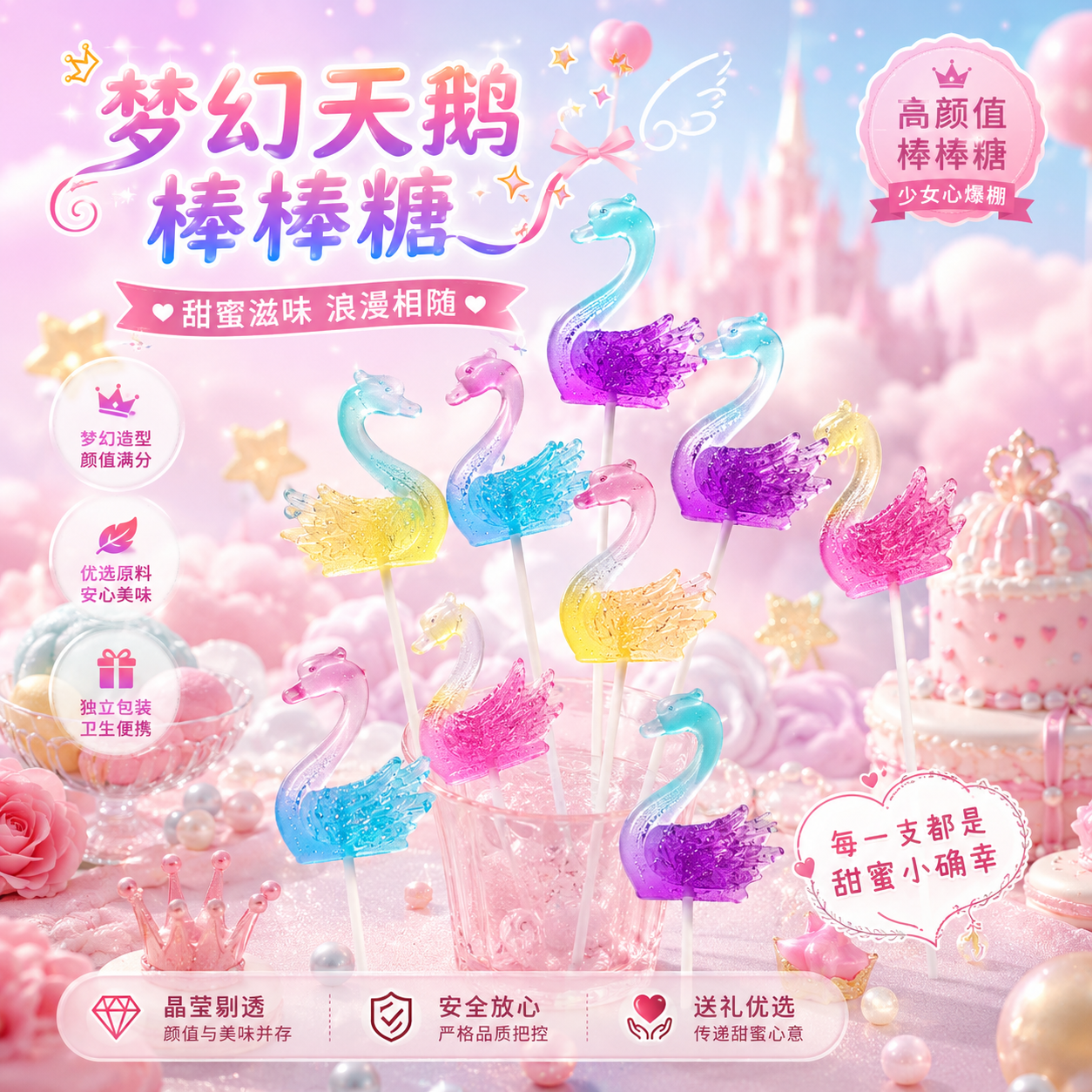 无蔗糖照片棒棒糖马卡龙天鹅渐变高颜值手工定制创意儿童卡通糖果