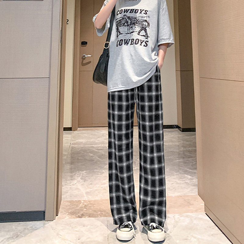 冰丝阔腿裤女夏季薄款高腰垂感直筒宽松休闲运动复古黑白格子裤子