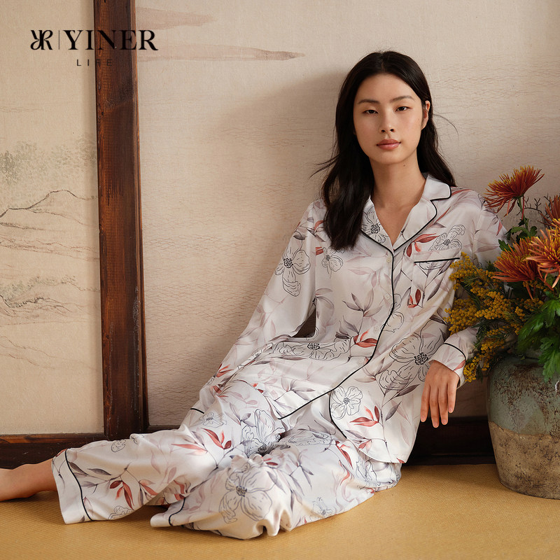 【东方韵味】音儿小翻领睡衣女士植物印花家居服套装