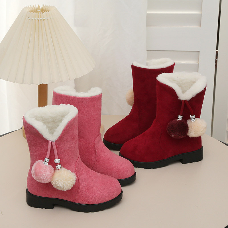 儿童宝宝女童毛绒红色雪地靴女冬季加绒加厚保暖短靴毛球装饰棉鞋,童鞋/婴儿鞋/亲子鞋,雪地靴,淘宝优惠券,粉丝福利购,淘宝优惠卷