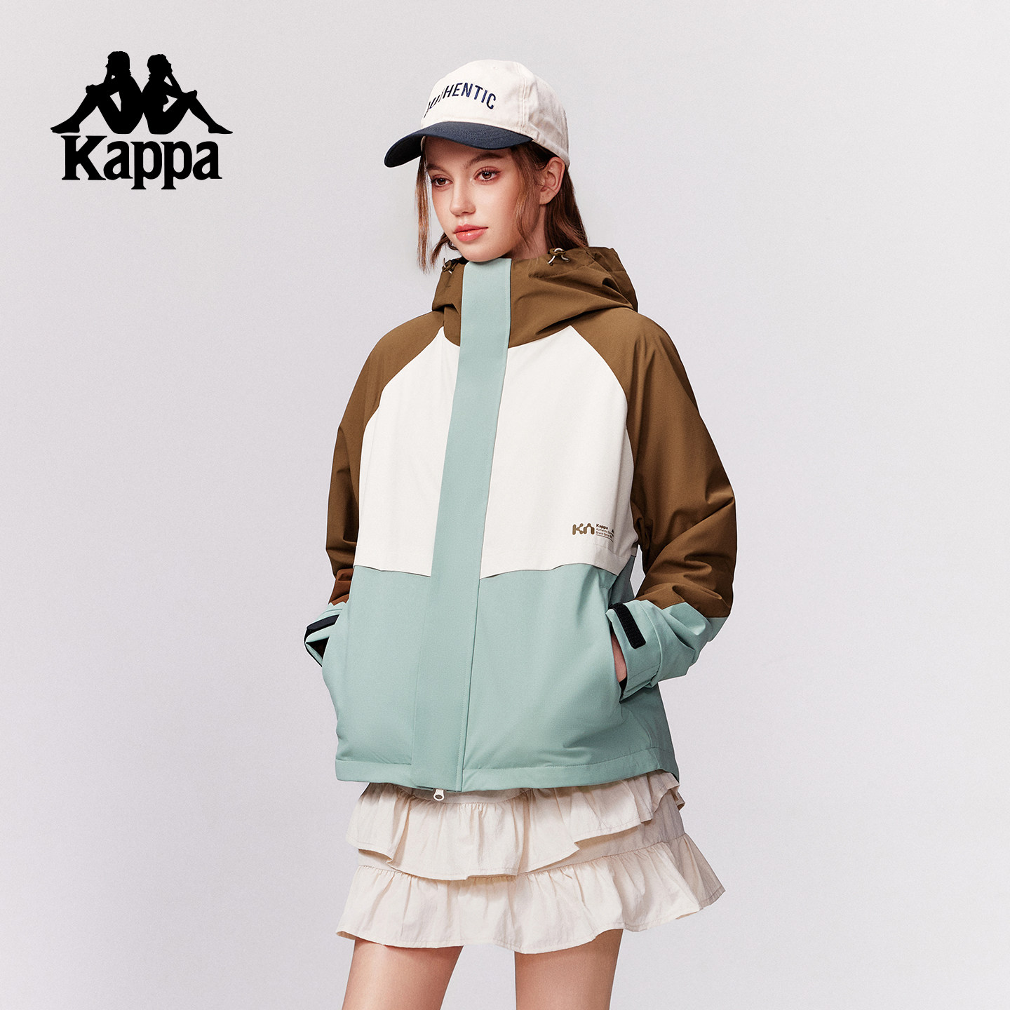 Kappa卡帕撞色连帽防水冲锋衣2026新款女装运动拼色外套休闲夹克