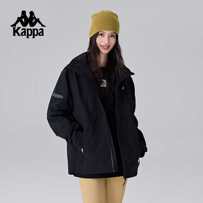 Kappa卡帕背靠背2025新款户外冲锋衣女款运动上衣连帽夹克外套男