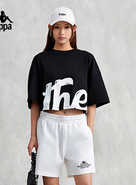 Kappa卡帕黑色短袖新款女美式字母印花T恤休闲圆领运动半袖夏季