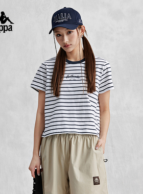 Kappa卡帕短袖2025新款女运动条纹休闲T恤撞色夏季半袖K0E42TD89