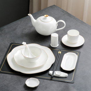 金边银边酒店摆台餐具定制LOGO陶瓷碗碟套装会所台面骨瓷饭碗碟子