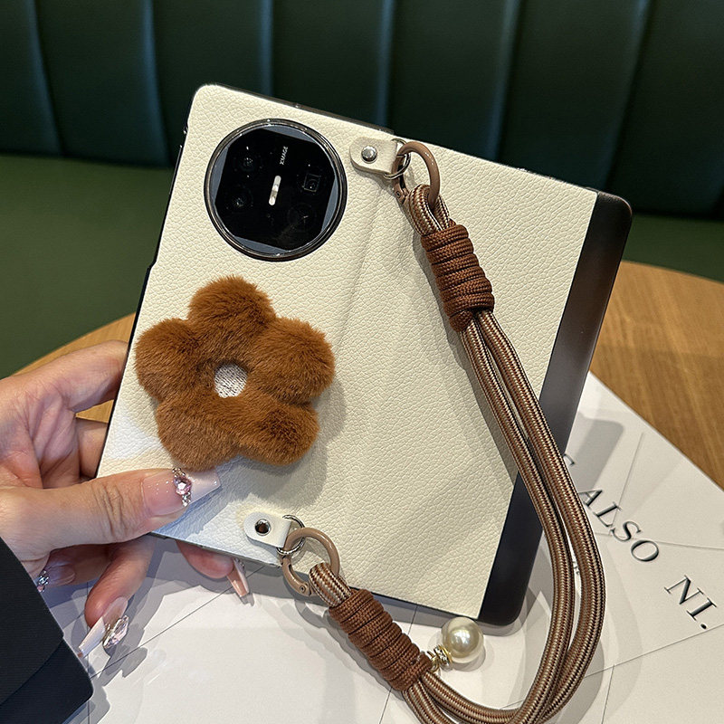 原装正品适用日本潮牌棕色毛绒花朵华为MateXT非凡大师手机壳新款三折叠屏X5翻盖皮套X3时尚防摔60RS保时捷真