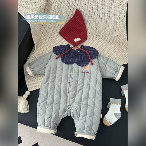 新生儿夹棉连体衣冬装婴儿衣服加厚保暖抱抱服韩系外出宝宝爬爬服