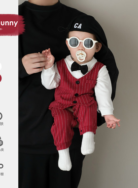 男宝宝抓周礼服小月龄婴儿连体衣红色喜庆绅士外出西服领结爬爬服