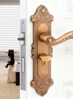 黄古铜木门50中心距可调节室内门锁亮金色欧式免改孔高端卧室门锁