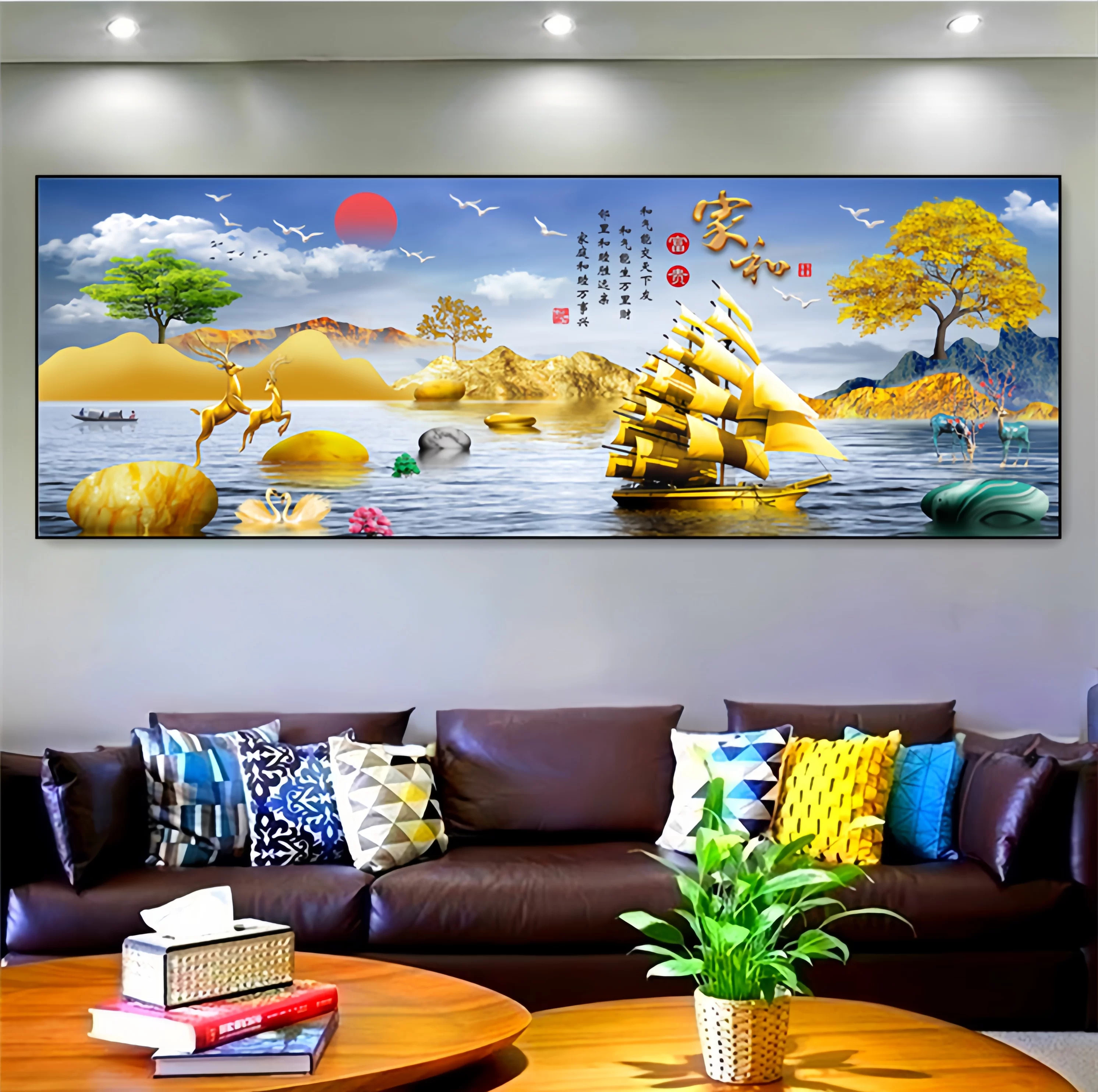 新款沙发背景墙晶瓷面单幅装饰画有框风水招财画床头画客厅挂画