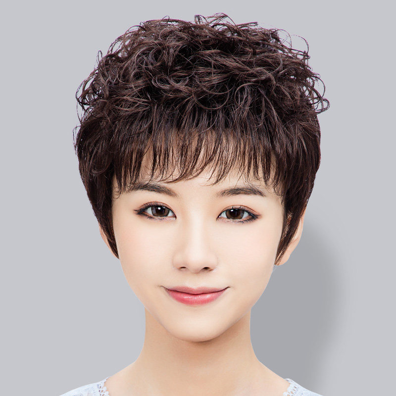 假发短发女自然全头套妈妈女士中老年发套真发真人发丝短卷发造型