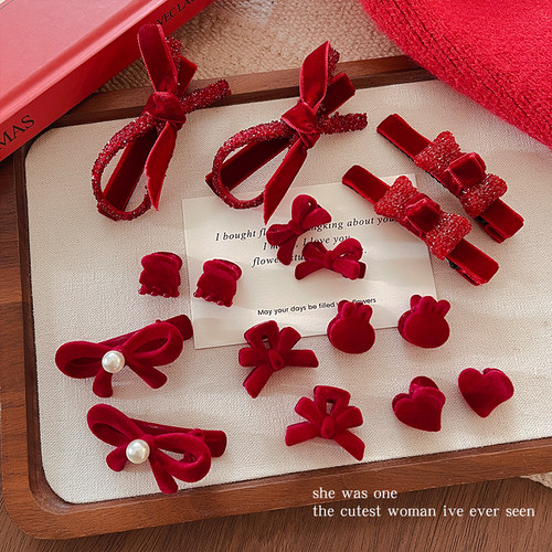 新年红丝绒蝴蝶结小发夹边夹