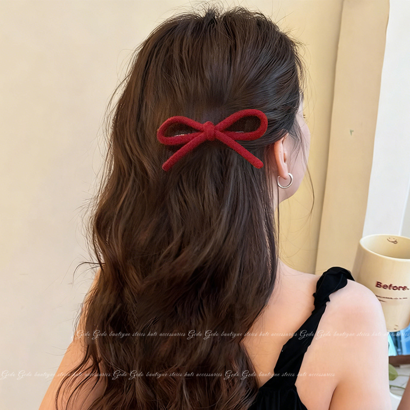 圣诞红色毛呢蝴蝶结头饰发夹