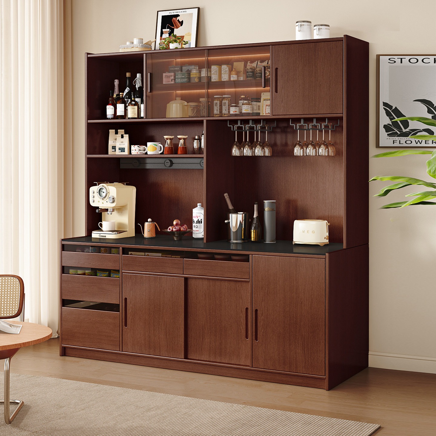 实木餐边柜靠墙一体储物柜子2025新款客厅收纳置物柜咖啡机茶水柜