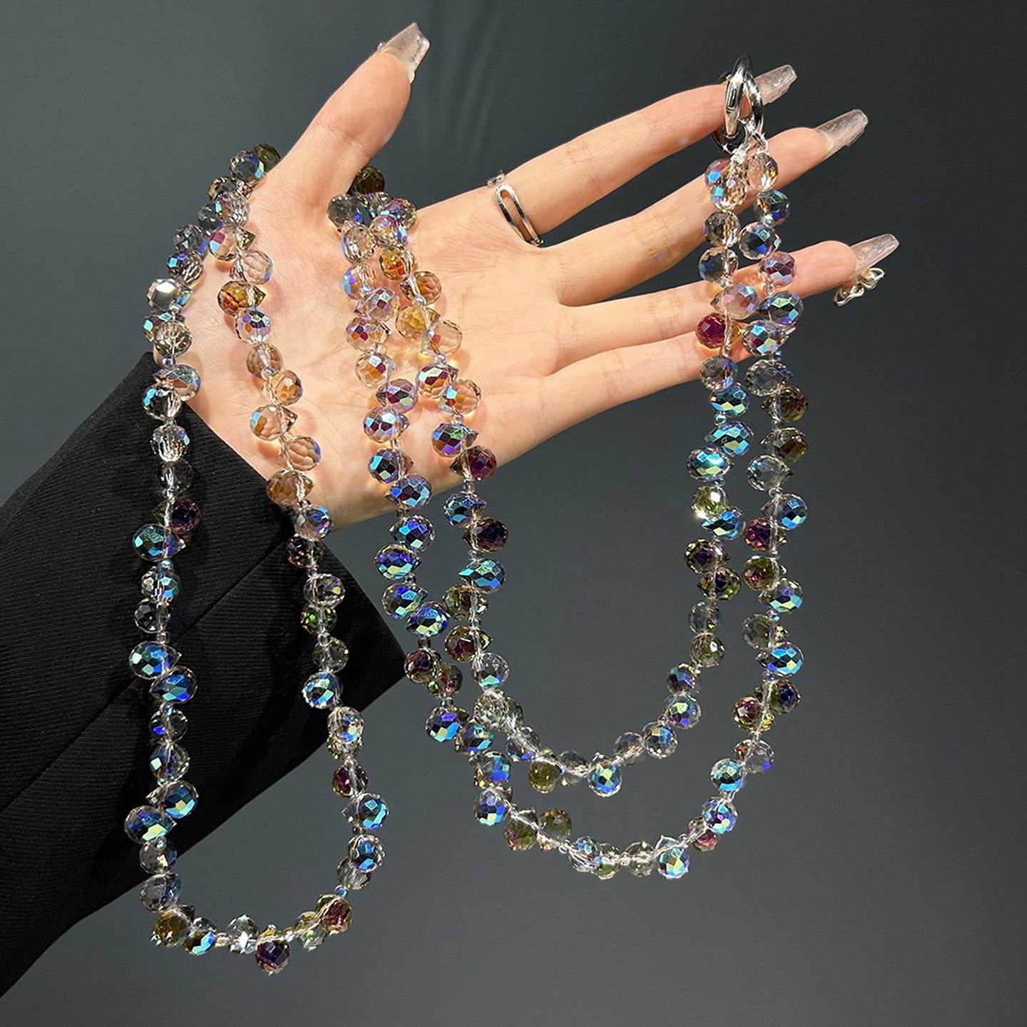 樱声手机壳挂绳高端网红女款斜跨挂脖结实炫彩水晶水滴串珠挂链长款手机链挂饰链条防丢配件钥匙精致挂件吊坠