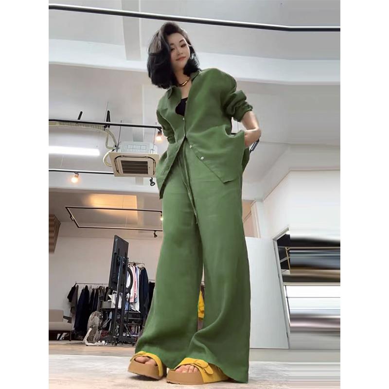 ROUMIKL2025早秋气质穿搭一整套高级感轻奢宽松绿色衬衫休闲裤两