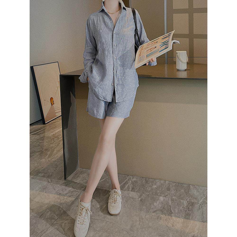 ROUMIKL春装搭配一整套今年流行时尚蓝色polo领长袖衬衫套装裤女