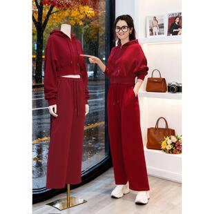ROUMIKL韩系慵懒风拉炼连帽卫衣红色套装女秋季百搭休闲阔腿裤两