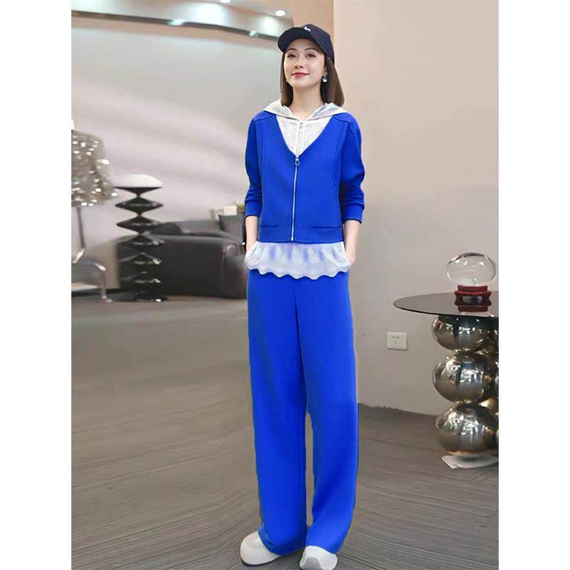 ROUMIKL高级感运动服女套装秋冬季蕾丝拼接外套连帽开衫休闲阔腿