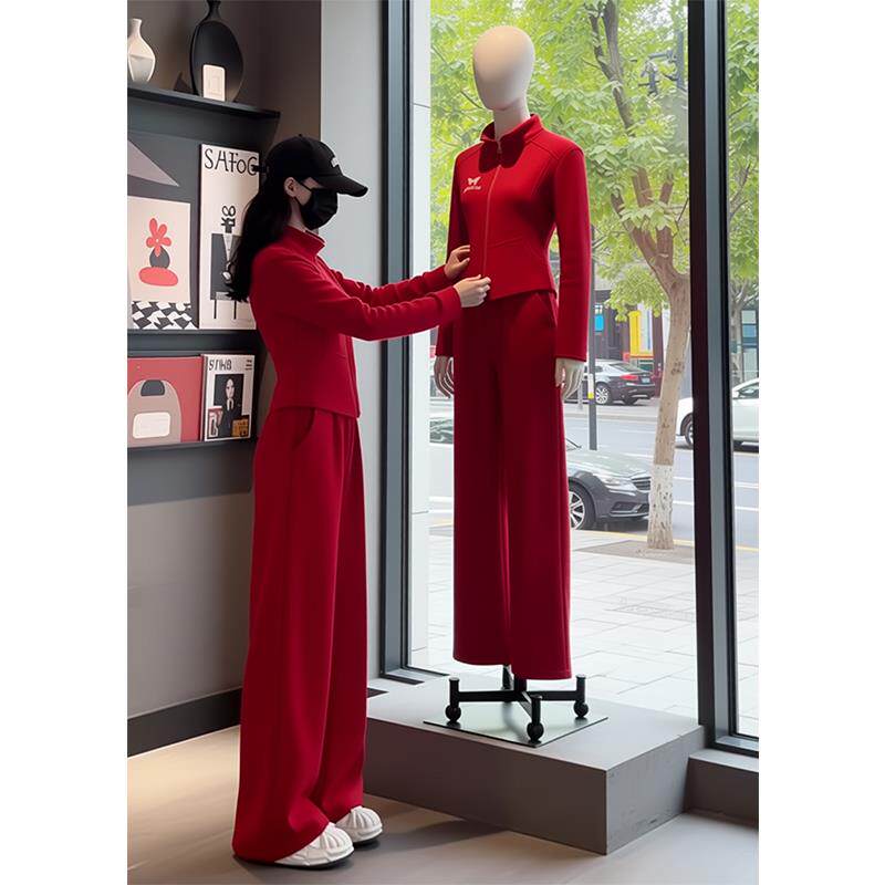 ROUMIKL2025新款红色休闲运动套装女春秋时尚减龄小个子拉链两件