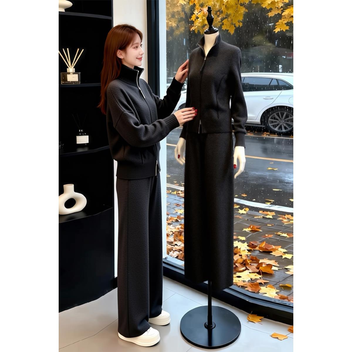 ROUMIKL灰色针织开衫阔腿裤时尚套装女2025春秋新款高级感休闲两