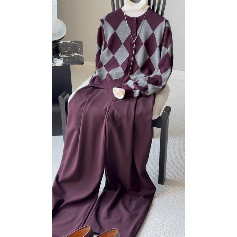 ROUMIKL独特绝美小套装冬季新款菱形格气质针织衫休闲高腰直筒长