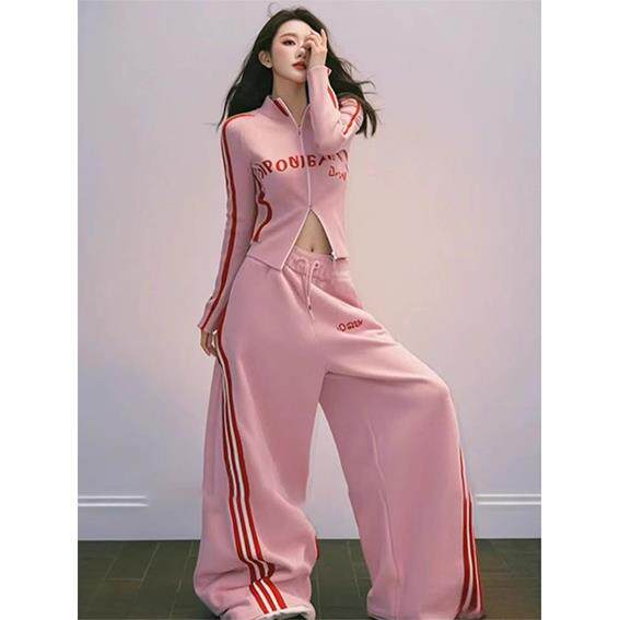 ROUMIKL微胖显瘦一整套穿搭春季2025新款甜美粉色印花条纹上衣长