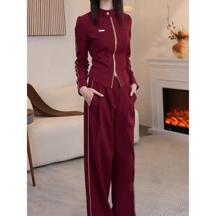 ROUMIKL2025春季酷飒风休闲运动套装女装高级感欧货红色外套阔腿