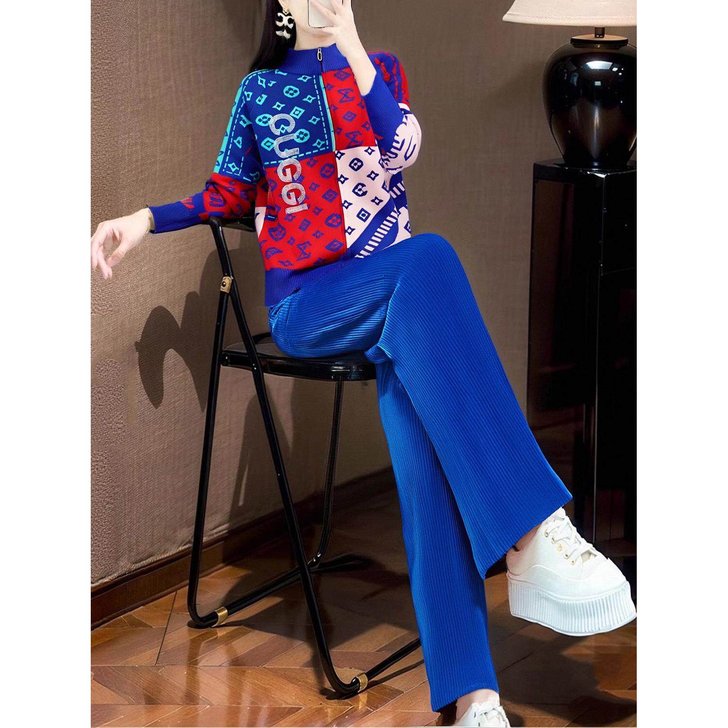 ROUMIKL欧货蓝色休闲运动套装女高级感印花针织开衫长裤秋装成套