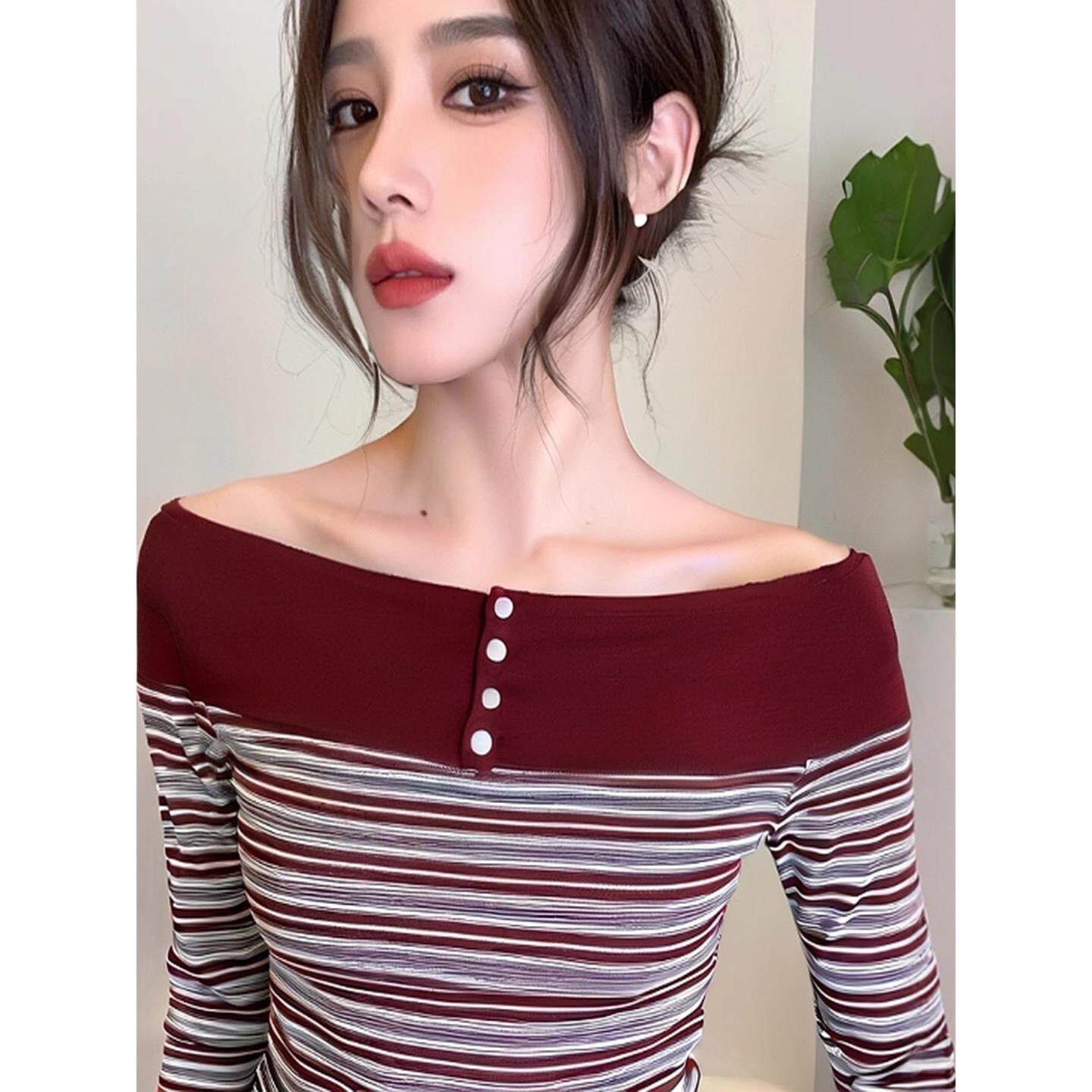 ROUMIKL韩系红色条纹长袖t恤女秋季2025新款紧身显瘦小衫辣妹一字