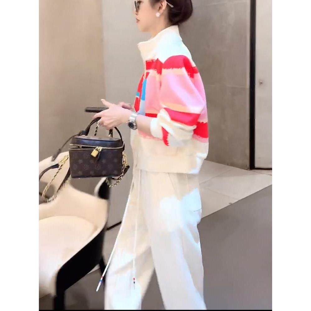 ROUMIKL高级感印花长袖女2025秋冬新款印花修身显瘦百搭白色卫裤