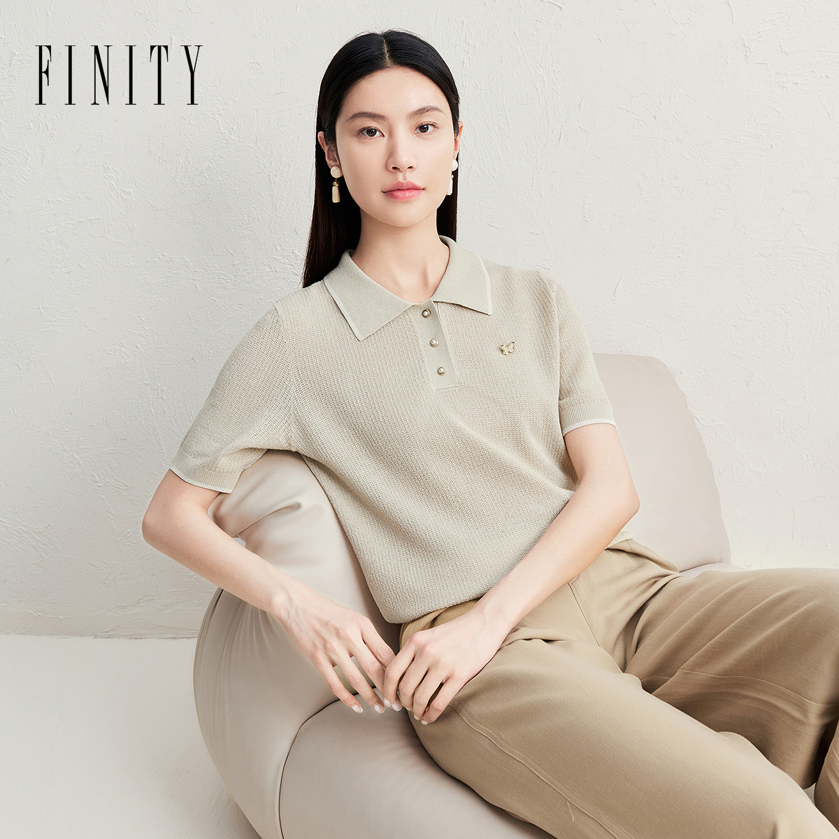 FINITY菲妮迪短袖针织衫上衣女薄款2025年夏季新款polo领镂空毛衣