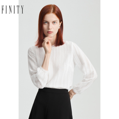 FINITY菲妮迪白色蕾丝雪纺衫女秋冬新款休闲名媛风打底上衣女