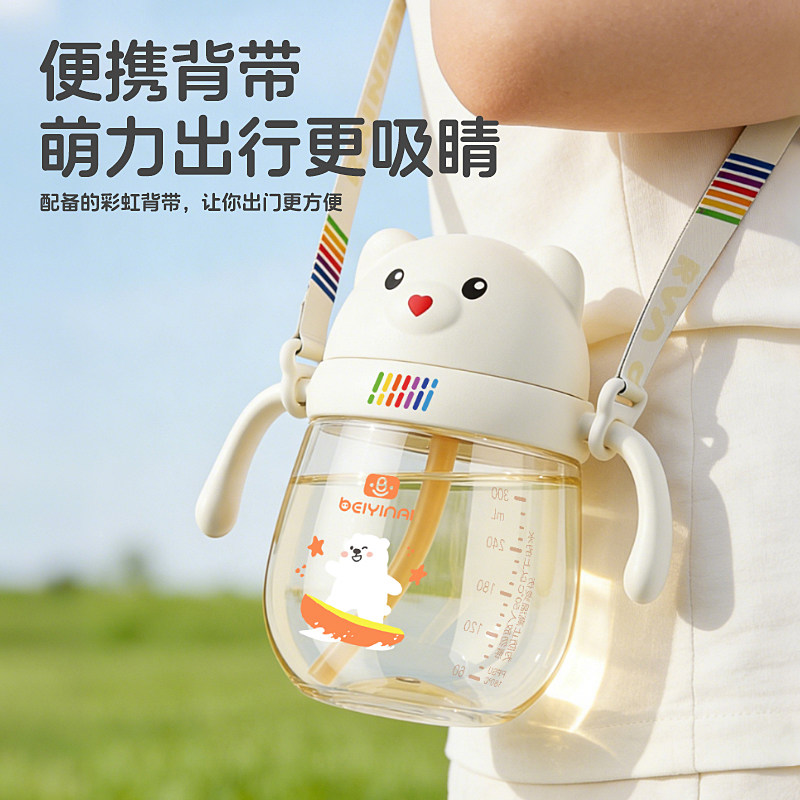 升级款贝因爱PPSU滑盖水杯儿童熊头吸管杯学饮杯水壶大容量300ml图片