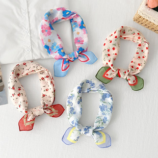 2026春季新款韩版小清新印花小领巾装饰围巾女飘带棉麻丝巾小方巾