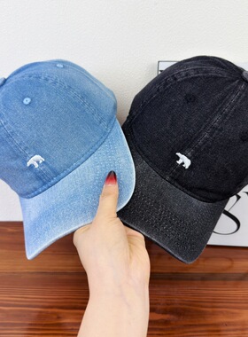 水洗牛仔软顶棒球帽女北极熊刺绣鸭舌帽男时尚百搭显脸小遮阳帽潮
