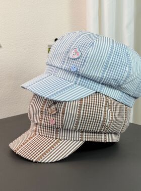 可爱甜美百搭显脸小多巴胺画家帽日系彩色爱心纽扣格纹八角帽子女