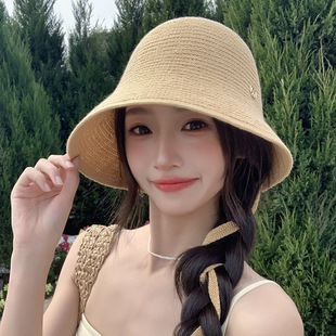 宽沿圆顶草帽女韩清新日系小清新草编渔夫帽春夏水桶遮阳防晒盆帽