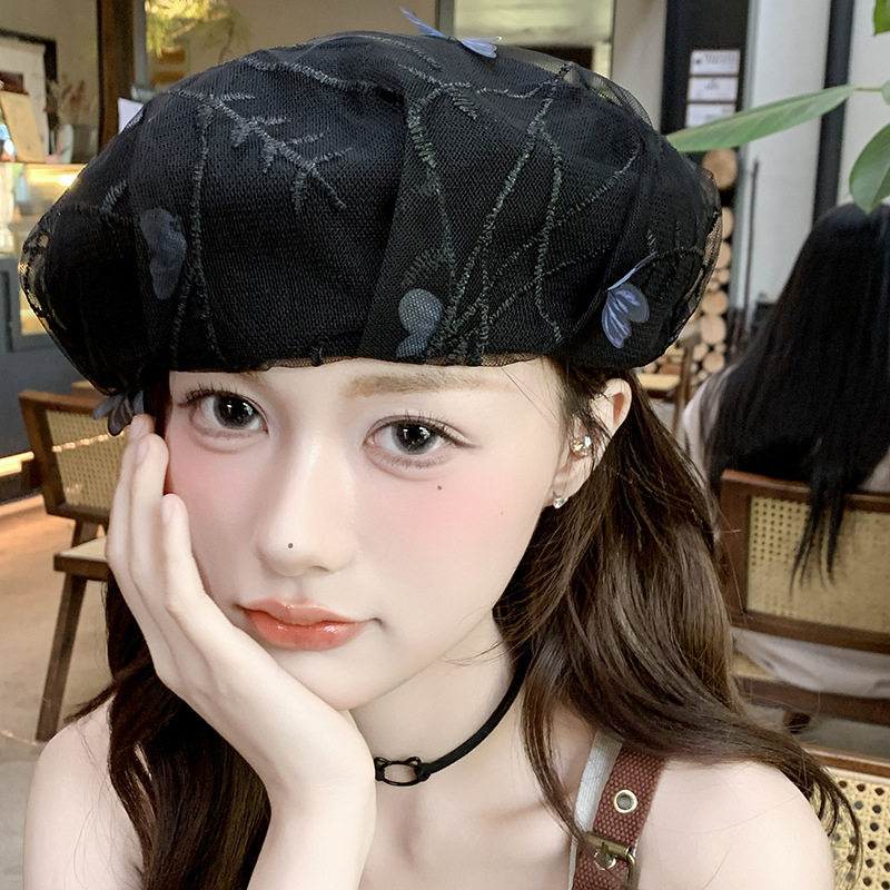 甜美蝴蝶蕾丝贝雷帽潮女防晒帽新款日系百搭文艺时尚网纱画家帽子