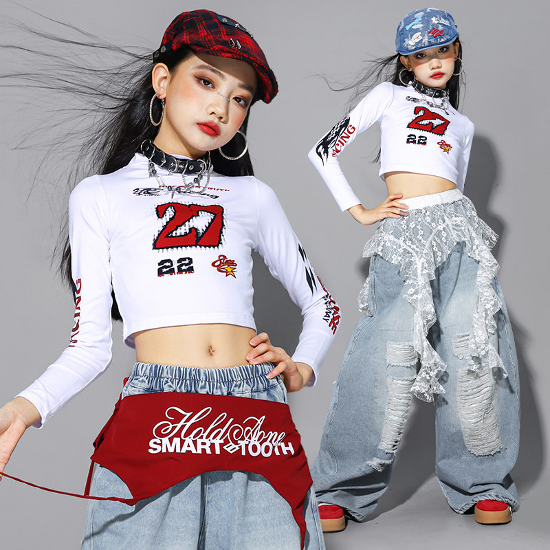 女童jazz爵士舞演出服儿童街舞服装少儿牛仔裤子潮装女孩走秀套装