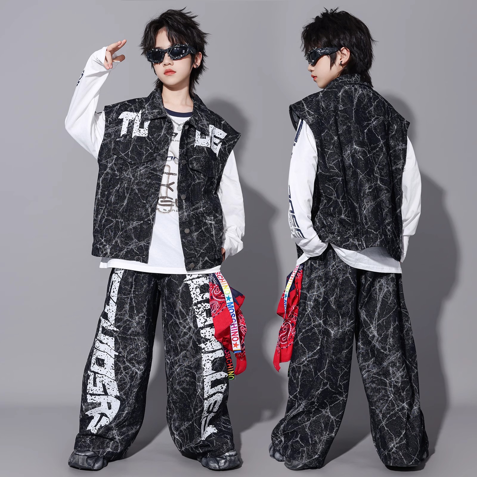 儿童街舞元旦演出服男童嘻哈风hiphop潮酷套装少儿炸街机车风马甲