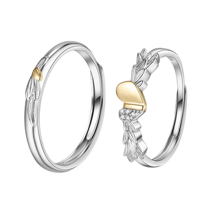 SD钻戒羽你相伴戒指S925银镶钻羽毛翅膀爱心开口戒可调节情侣对戒