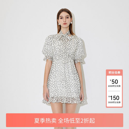 FIVE PLUS连衣裙女泡泡袖碎花短裙子高腰系带复古新款女夏装