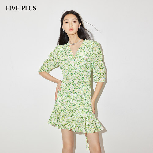 FIVE PLUS碎花连衣裙女裙子气质抽褶收腰荷叶边裙新款女春装