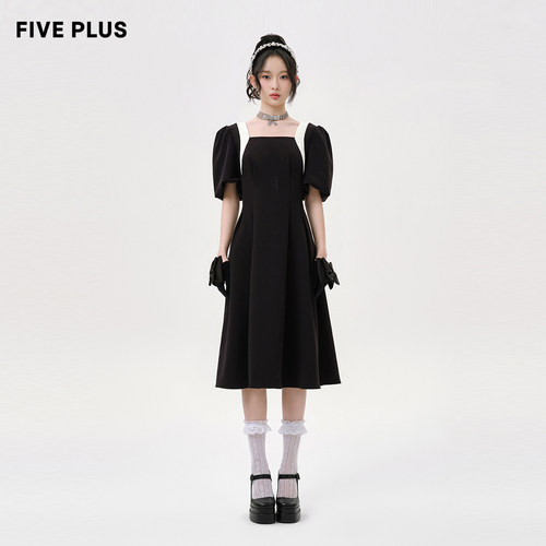 FIVE PLUS连衣裙女泡泡袖设计感露背中长款小黑裙女春装