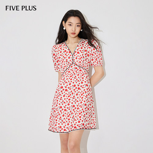 FIVEPLUS法式茶歇泡泡袖连衣裙