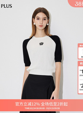 FIVE PLUS针织衫女短袖上衣套头衫圆领拼花朵徽章女夏装