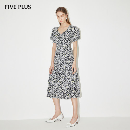 FIVEPLUS泡泡袖高腰印花连衣裙