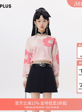 【FIVE PLUS 奥莱】针织衫女浪漫花朵宽松落肩袖套头衫长袖女秋装